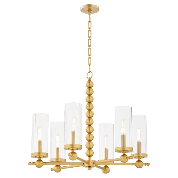 The Lee Boulevard chandelier blends traditional wagon wheel design with contemporary spherical details and modern beaded elements. Clear fluted glass shades and aged brass finish create a luxurious yet comfortable aesthetic. - alternate view
