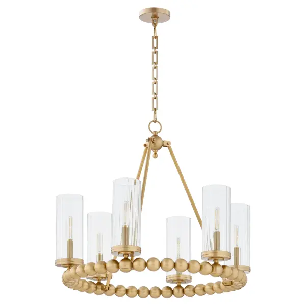 The Lee Boulevard 6-Light Ring Chandelier combines traditional elegance with contemporary spherical details and modern beaded elements. Its circular frame and vertically-fluted clear glass shades create a luxurious yet comfortable aesthetic.