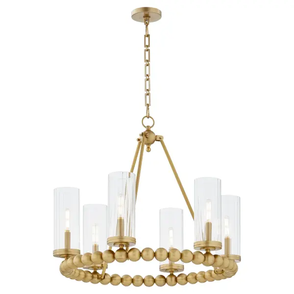 The Lee Boulevard 6-Light Ring Chandelier combines traditional elegance with contemporary spherical details and modern beaded elements. Its circular frame and vertically-fluted clear glass shades create a luxurious yet comfortable aesthetic. - alternate view