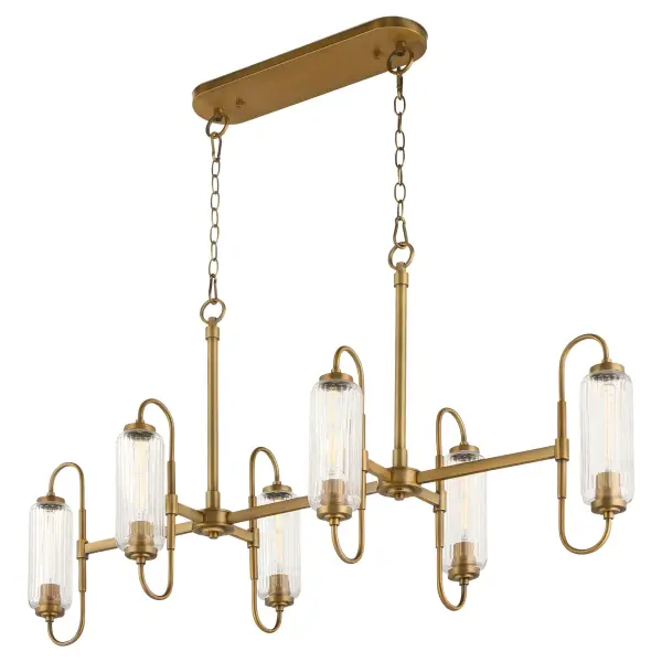 The Whitmire collection masterfully blends nostalgic radio-era design with contemporary linear form. Clear ribbed glass shades and brushed brass finish create a sophisticated statement piece that bridges traditional and modern aesthetics.