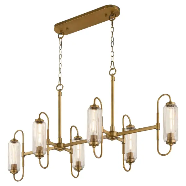 The Whitmire collection masterfully blends nostalgic radio-era design with contemporary linear form. Clear ribbed glass shades and brushed brass finish create a sophisticated statement piece that bridges traditional and modern aesthetics. - alternate view