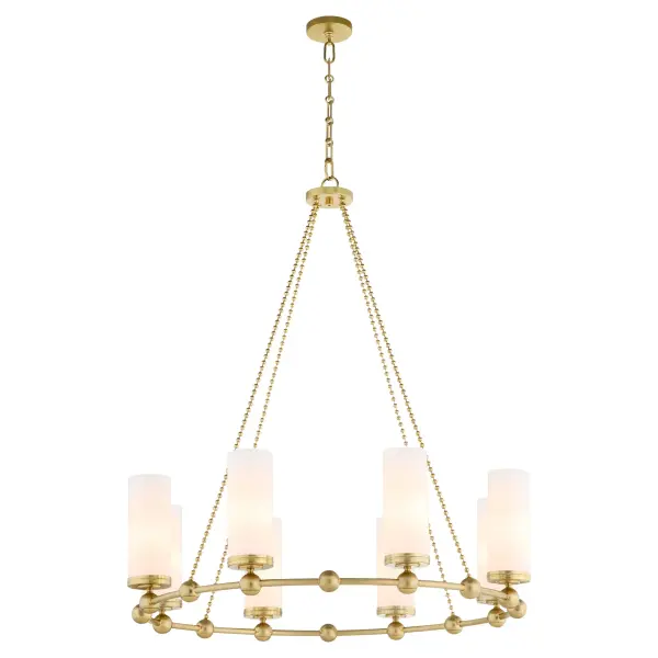 The Lee Boulevard chandelier blends traditional elegance with contemporary spherical accents and vertically-fluted white glass shades. Inspired by a Kansas City countryside home, this 8-light fixture in aged brass offers transitional comfort with luxurious appeal. - alternate view