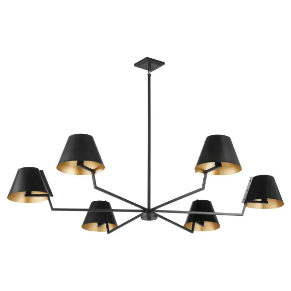 The Bliss 60" chandelier masterfully bridges classic and modern design with its clean lines and sophisticated matte black exterior paired with gold interior shades. At 60 inches wide, this six-light fixture commands attention while maintaining versatility across traditional and contemporary spaces.