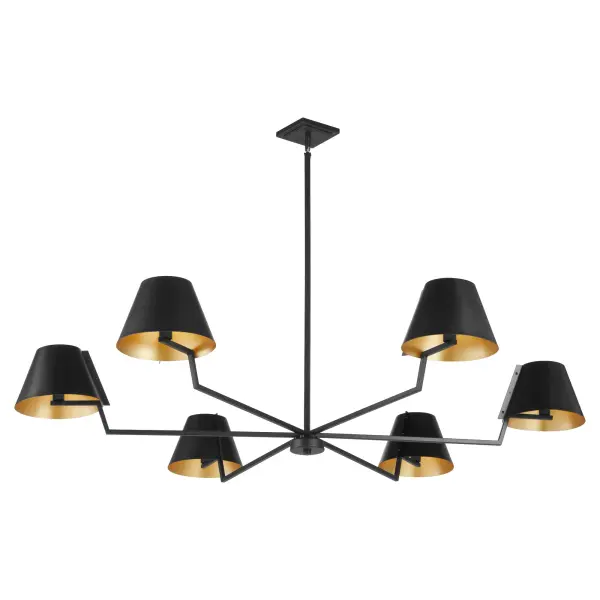 The Bliss 60" chandelier masterfully bridges classic and modern design with its clean lines and sophisticated matte black exterior paired with gold interior shades. At 60 inches wide, this six-light fixture commands attention while maintaining versatility across traditional and contemporary spaces. - alternate view