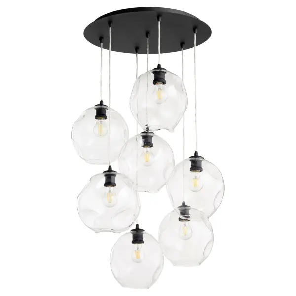 The Numen pendant cluster delivers bold contemporary style with seven streamlined cylindrical fixtures in lustrous Noir black finish. Clear wavy glass globes create beautiful light diffusion while adjustable cords allow perfect height customization.