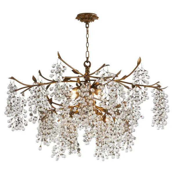 The Glicina chandelier brings Old World elegance with its organic grape-cluster crystal design and botanical details. Natural brass finish adds warmth while the oversized scale makes a dramatic statement in formal spaces. - alternate view
