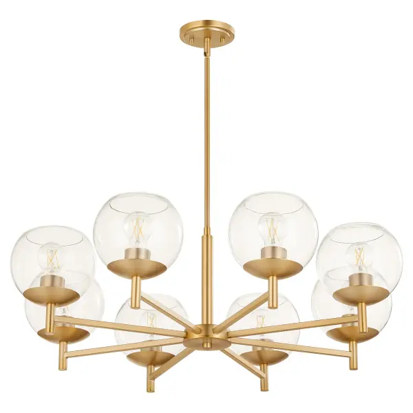 The Lyon 8-Light Chandelier combines strong angular lines with curved profiles and clear glass shades for a sophisticated transitional look. Perfect for dining rooms and entryways seeking uncomplicated elegance.
