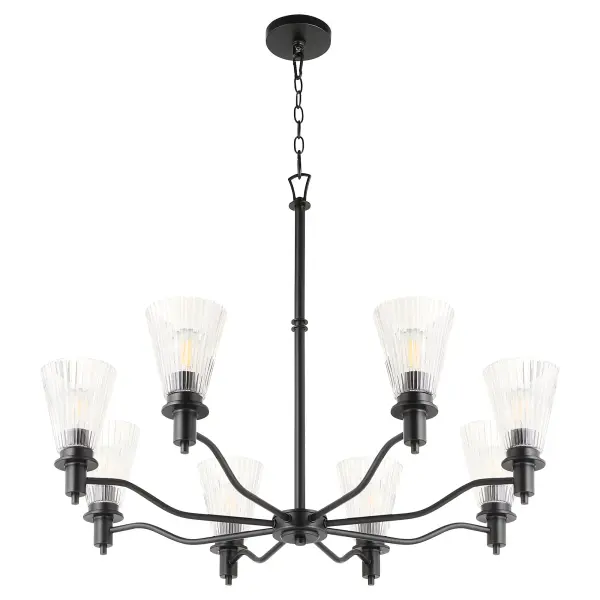 The Lawton chandelier blends Early American and European design influences with contemporary finishing. Its pleated conical glass shades and ramped arms create visual interest while the matte black finish adds modern sophistication.