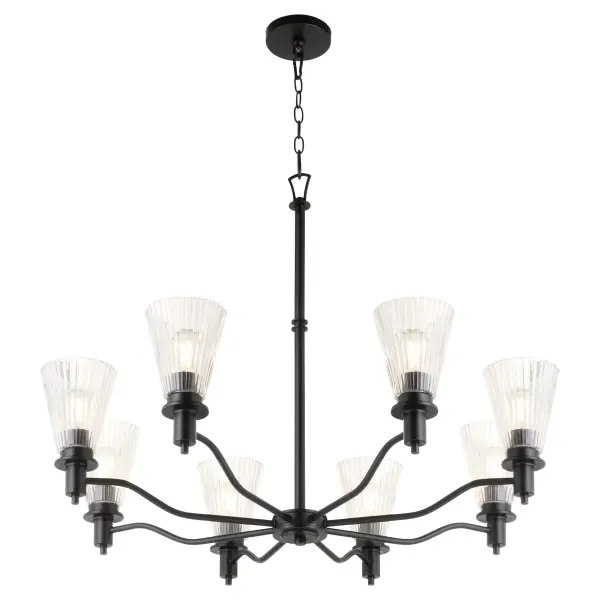 The Lawton chandelier blends Early American and European design influences with contemporary finishing. Its pleated conical glass shades and ramped arms create visual interest while the matte black finish adds modern sophistication. - alternate view