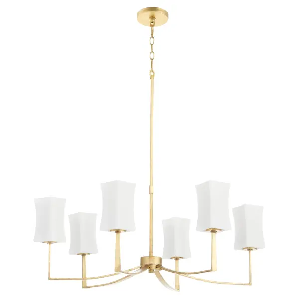 The Ayala chandelier combines clean architectural lines with soft curves, featuring six symmetrical arms extending from a central hub. Satin opal glass shades provide warm, diffused light while the gold leaf finish adds luxurious warmth to contemporary and transitional spaces.