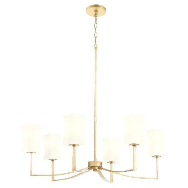 The Ayala chandelier combines clean architectural lines with soft curves, featuring six symmetrical arms extending from a central hub. Satin opal glass shades provide warm, diffused light while the gold leaf finish adds luxurious warmth to contemporary and transitional spaces. - alternate view