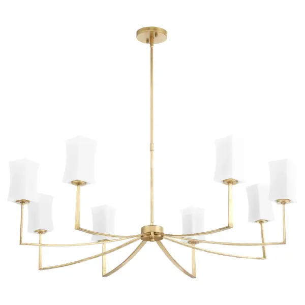 The Ayala chandelier combines modern geometry with warm gold leaf finish and soft satin opal glass shades. Eight symmetrical arms extend from a central hub, creating balanced illumination perfect for dining spaces and entryways.