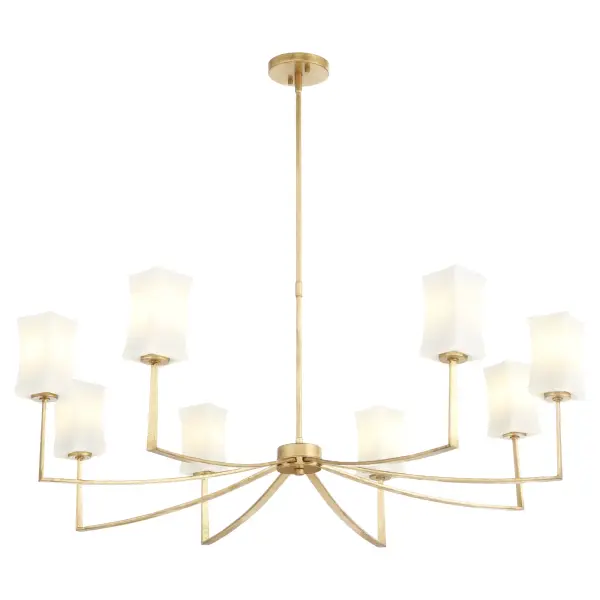 The Ayala chandelier combines modern geometry with warm gold leaf finish and soft satin opal glass shades. Eight symmetrical arms extend from a central hub, creating balanced illumination perfect for dining spaces and entryways. - alternate view