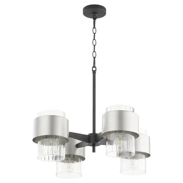 The Epsilon chandelier combines angular geometry with rounded profiles in a sophisticated black and satin nickel finish. Its minimalist design and neutral palette make it versatile for contemporary spaces.
