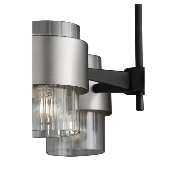 The Epsilon chandelier combines angular geometry with rounded profiles in a sophisticated black and satin nickel finish. Its minimalist design and neutral palette make it versatile for contemporary spaces. - alternate view
