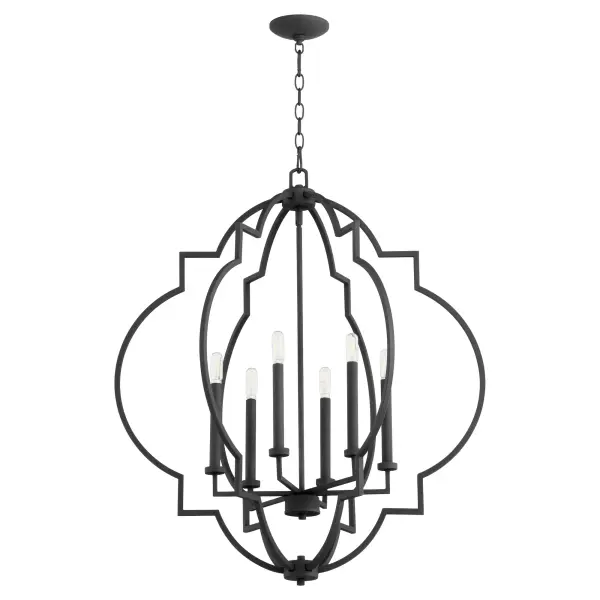 The Dublin pendant combines classic styling with modern sophistication through its distinctive clover-like geometric frame and moody black finish. This 6-light fixture serves as an elegant focal point that bridges traditional and contemporary design.