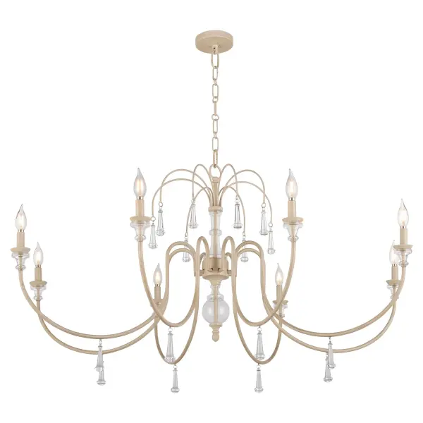 The Clasica 8-Light Linear Chandelier combines romantic European design with rustic American farmhouse appeal. Its washed oak finish and shaped glass details create a sophisticated yet approachable aesthetic, while bold crystal accents add luxurious sparkle. - alternate view
