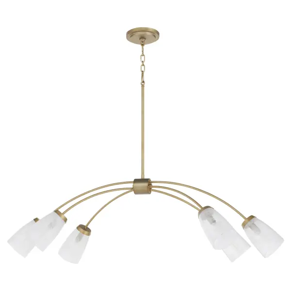 The Arpeggio combines contemporary minimalism with industrial flair through its architectural linear form and curved arms. Six marble glass shades provide elegant illumination while the aged brass finish adds warmth to modern spaces.