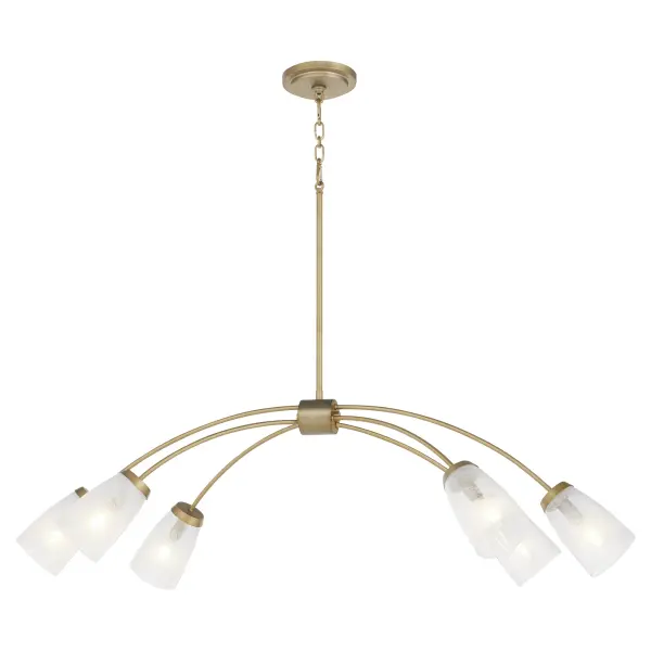 The Arpeggio combines contemporary minimalism with industrial flair through its architectural linear form and curved arms. Six marble glass shades provide elegant illumination while the aged brass finish adds warmth to modern spaces. - alternate view