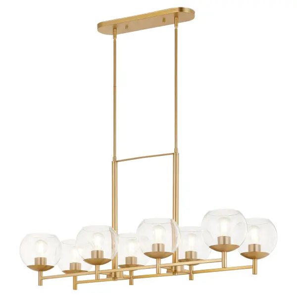 The Lyon 8-Light Linear Chandelier combines bold geometric lines with elegant curved glass shades, creating a refined transitional aesthetic. Its aged brass finish adds warmth while the clear glass globes provide ample illumination. - alternate view