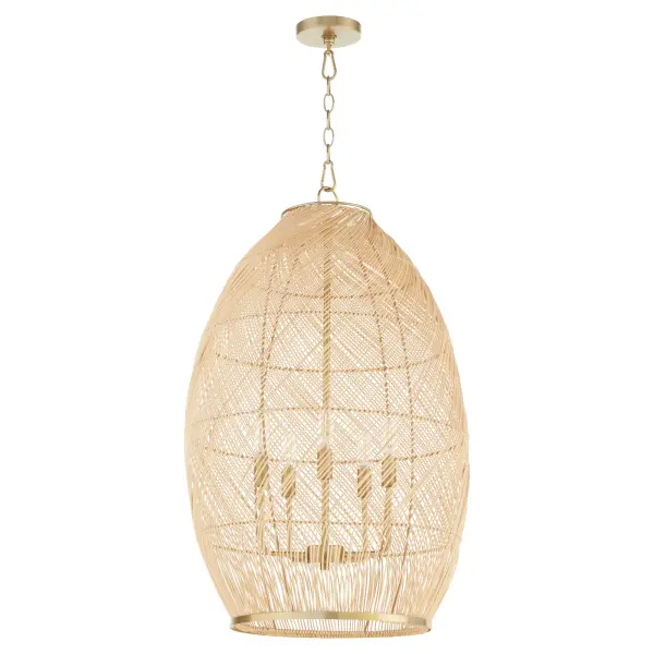 The Rattan 5-Light Pendant combines steel construction with natural rattan weaving in an aged brass finish. Its open-frame design diffuses abundant ambient light while adding organic texture and boho-inspired charm to modern and transitional spaces.