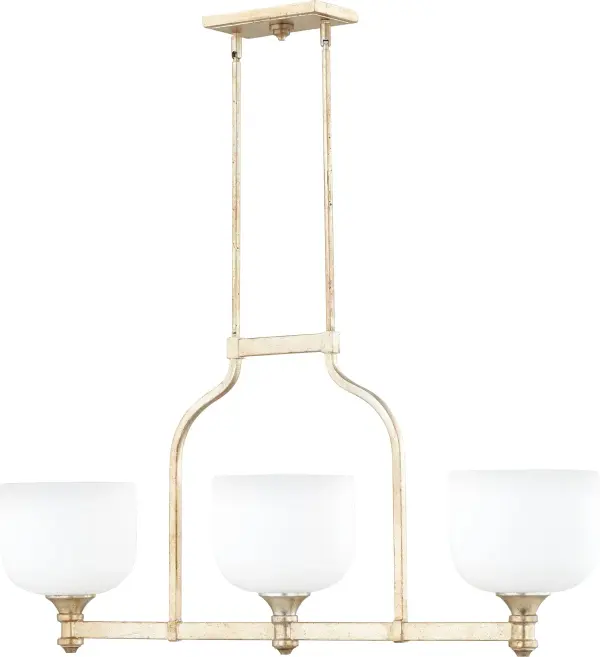 The Richmond brings transitional elegance to kitchen islands with its aged silver leaf finish and frosted glass shades. Three lights provide balanced illumination while the refined metalwork adds sophisticated style.