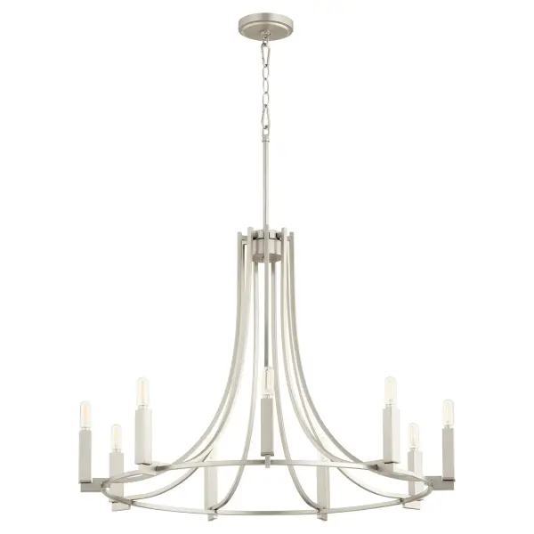 The Olympus chandelier combines geometric sophistication with practical versatility. Its nine lights provide ample illumination for dining and kitchen spaces, while interchangeable candle sleeves in three finishes let you customize the look to match evolving décor.