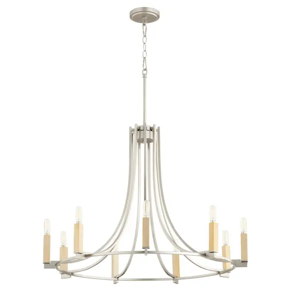 The Olympus chandelier combines geometric sophistication with practical versatility. Its nine lights provide ample illumination for dining and kitchen spaces, while interchangeable candle sleeves in three finishes let you customize the look to match evolving décor. - alternate view