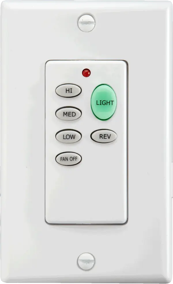 This wireless wall control offers complete fan management with 3-speed control, forward/reverse function, and incandescent light dimming up to 300W. Battery-operated design eliminates complex wiring, while interchangeable white and ivory faceplates ensure seamless integration with any décor. - alternate view