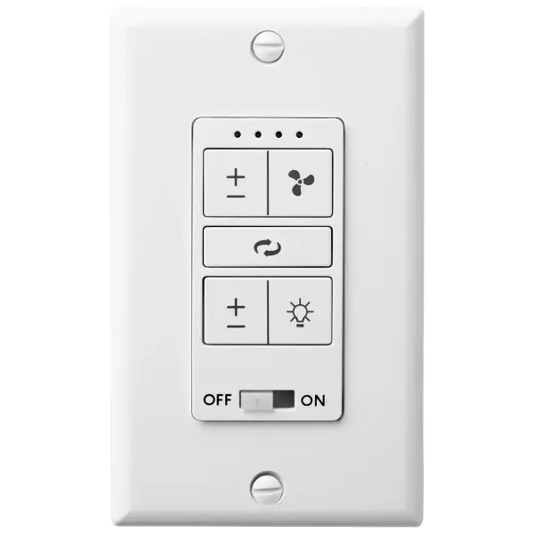 This wall-mounted controller offers comprehensive ceiling fan control including on/off, reverse rotation, variable speed settings, and integrated light dimming. Designed for DC motor fans with clean white finish.