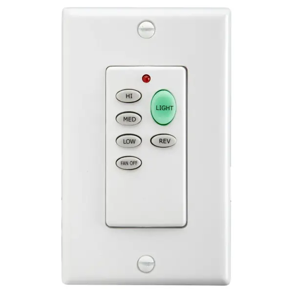 Battery-operated wall control offering complete fan management with 3-speed settings, forward/reverse direction control, and integrated LED dimmer. Features interchangeable white and ivory faceplates for décor flexibility.