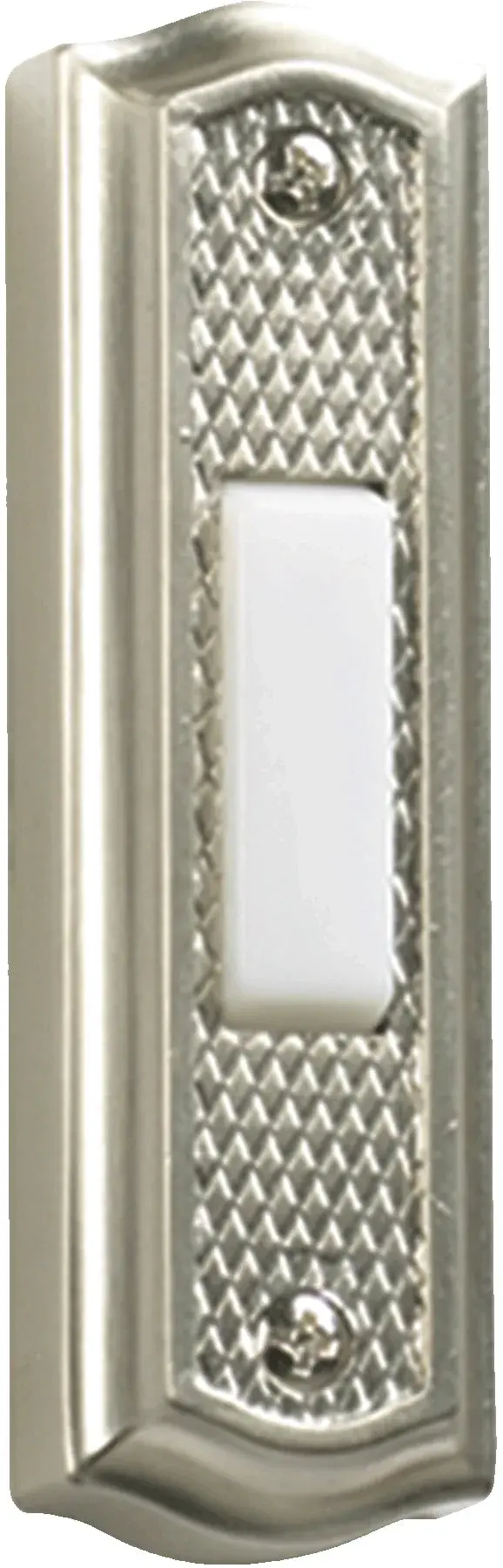 A timeless door chime button featuring zinc construction with a satin nickel finish. Offers reliable performance and versatile styling that complements both traditional and contemporary exteriors.