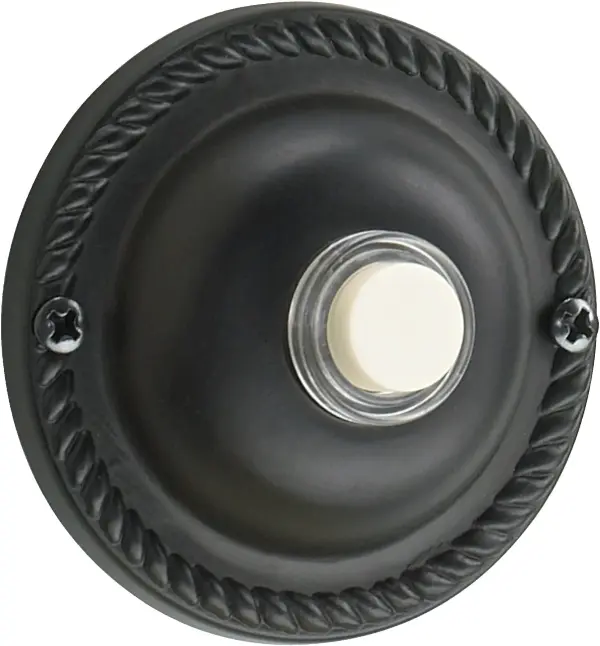 A timeless traditional doorbell button featuring a round design with an Old World bronze finish. Perfect for homes seeking classic curb appeal and commercial spaces requiring durable, elegant entry solutions.