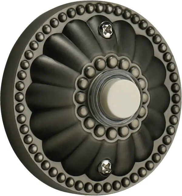 This traditional door chime button features a timeless round design with an antique silver finish that complements both classic and transitional home exteriors. Durable metal construction ensures reliable performance.