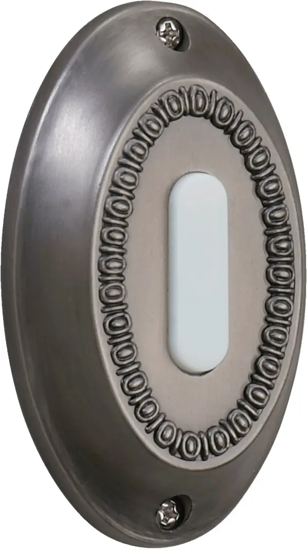 A traditional oval-shaped door chime button finished in antique silver, offering reliable functionality with understated elegance. Perfect for homeowners seeking a classic exterior accent.