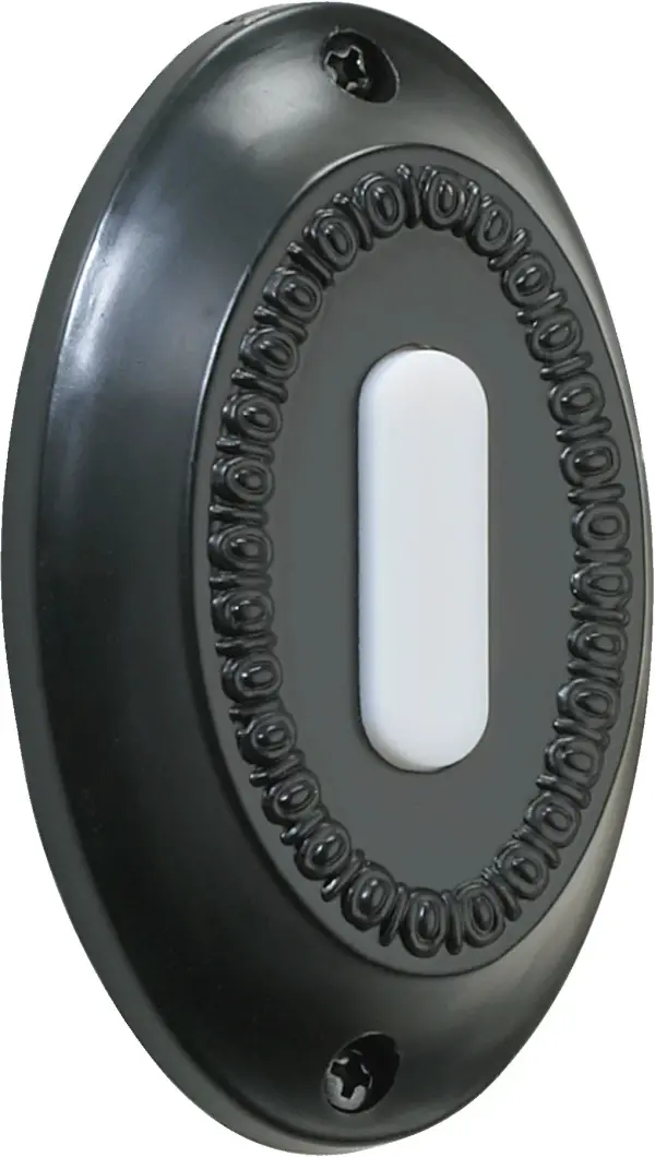 A traditional oval-shaped door chime button featuring an Old World finish. Simple, functional design that complements classic and transitional home exteriors with reliable push-button operation.