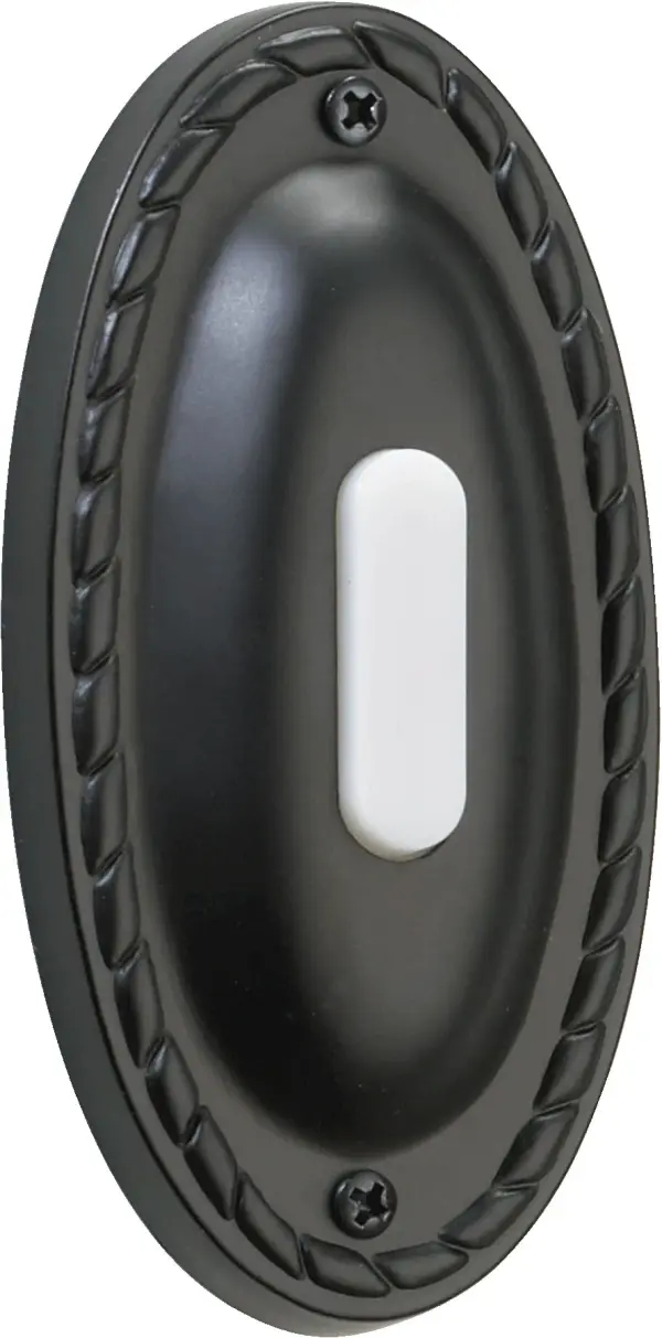 A timeless door chime button featuring traditional oval design with Old World finish. Durable construction suitable for exterior mounting with weather-resistant materials for reliable performance.