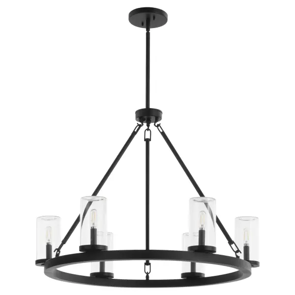 The Gentry chandelier brings rustic elegance to any setting with its wet-rated design. Six clear glass shades and matte black finish create a timeless farmhouse aesthetic that transitions seamlessly from covered patios to dining rooms.