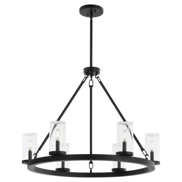 The Gentry chandelier brings rustic elegance to any setting with its wet-rated design. Six clear glass shades and matte black finish create a timeless farmhouse aesthetic that transitions seamlessly from covered patios to dining rooms. - alternate view
