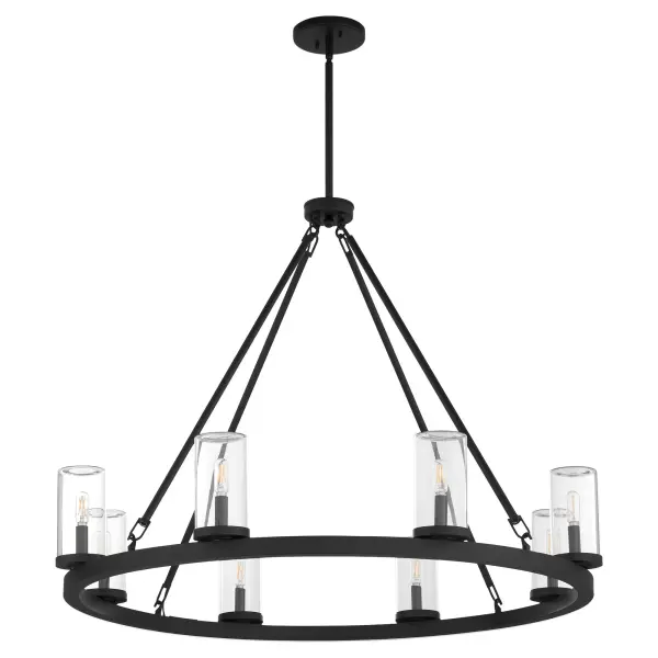 The Gentry 8-Light Chandelier combines rustic charm with practical wet-location durability. Its circular frame, clear glass shades, and matte black finish create a timeless farmhouse aesthetic perfect for covered patios, dining rooms, and entryways.