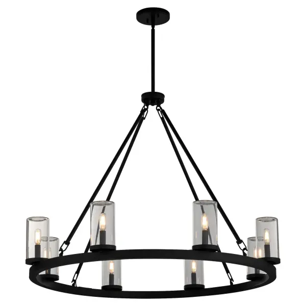 The Gentry 8-Light Chandelier combines rustic charm with practical wet-location durability. Its circular frame, clear glass shades, and matte black finish create a timeless farmhouse aesthetic perfect for covered patios, dining rooms, and entryways. - alternate view
