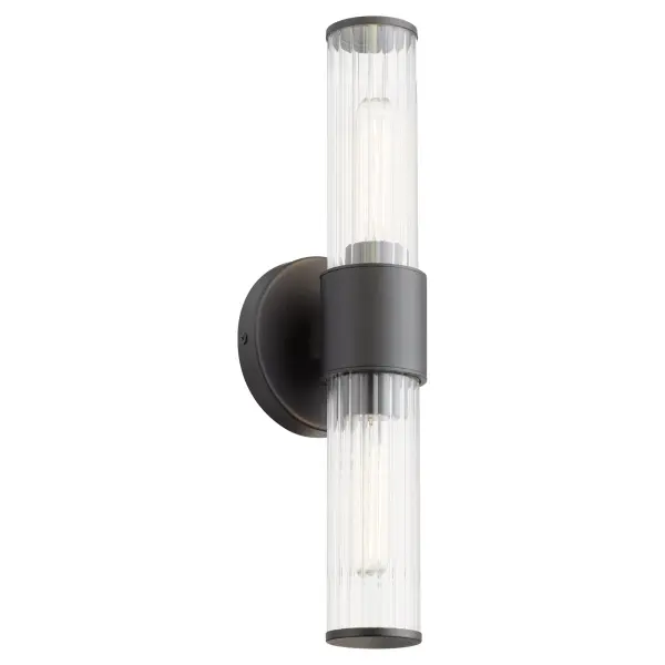 The Fuze 2-Light Sconce delivers soft contemporary style with cylinder glass shades and textured black finish. Wet-rated for full outdoor exposure, it brings polished simplicity and warm illumination to modern exterior spaces. - alternate view