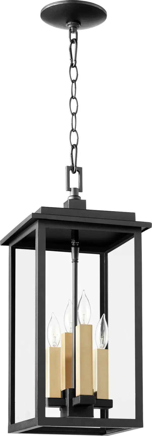 The Westerly outdoor pendant combines classic lantern styling with modern versatility. Features interchangeable sleeves in three finishes, four-pane clear glass enclosure, and wet-rated construction for covered outdoor spaces. - alternate view