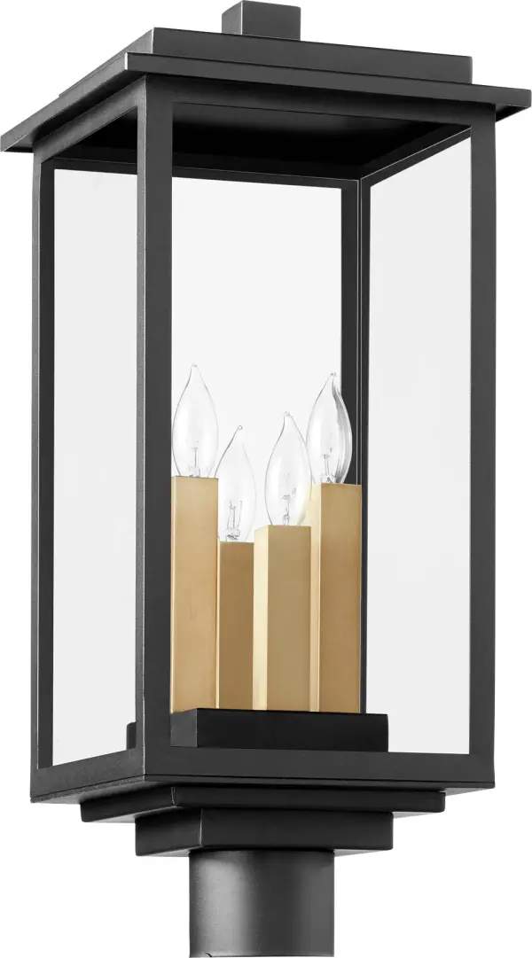 The Westerly post lantern combines timeless design with modern versatility. Features interchangeable finish sleeves in Aged Brass, Noir, and Satin Nickel for easy customization. Wet-rated for durability with clear glass panels that cast a warm glow. - alternate view
