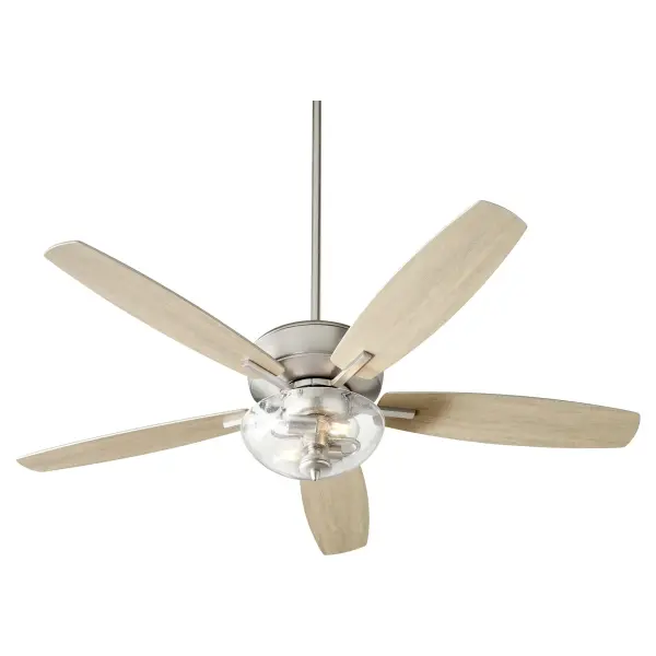 This five-blade ceiling fan with integrated lighting delivers both form and function. The satin nickel finish and clear seeded glass shade create a refined look that complements multiple design styles, while the 12-degree blade pitch ensures efficient air circulation. - alternate view