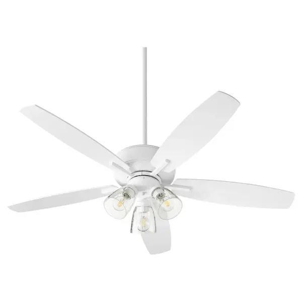 This five-blade ceiling fan combines refined Studio White finish with clear seeded glass shades for a bright, airy aesthetic. The 12-degree blade pitch ensures efficient airflow while three integrated lights provide ample illumination.