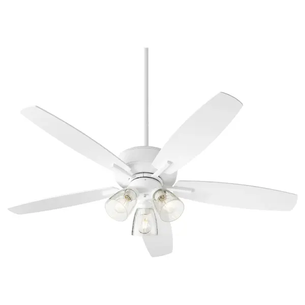 This five-blade ceiling fan combines refined Studio White finish with clear seeded glass shades for a bright, airy aesthetic. The 12-degree blade pitch ensures efficient airflow while three integrated lights provide ample illumination. - alternate view