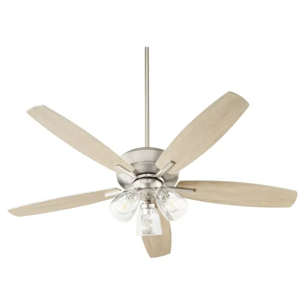This five-blade ceiling fan with integrated lighting delivers both form and function. The satin nickel finish and clear seeded glass shades create a refined look that adapts to various design styles, while the 12-degree blade pitch ensures efficient air circulation.