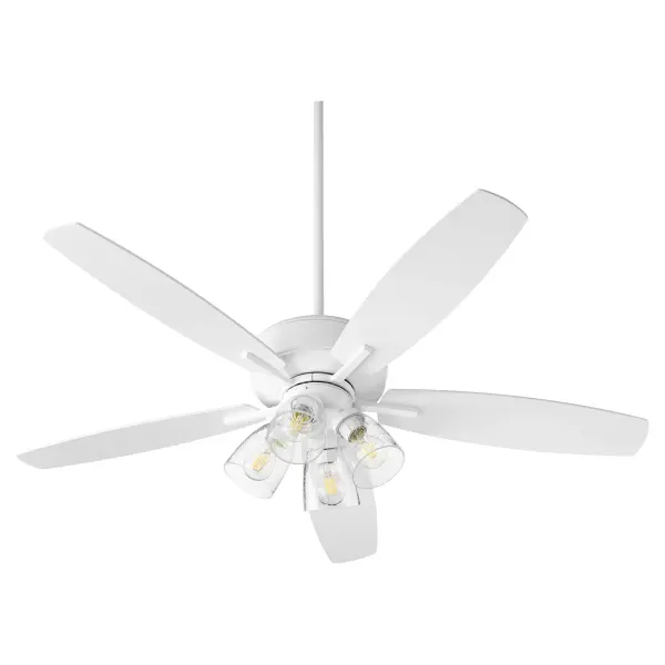 This five-blade ceiling fan delivers both form and function with its refined Studio White finish and four integrated lights. Clear seeded glass shades add visual interest while 12-degree blade pitch ensures optimal airflow for medium to large spaces.