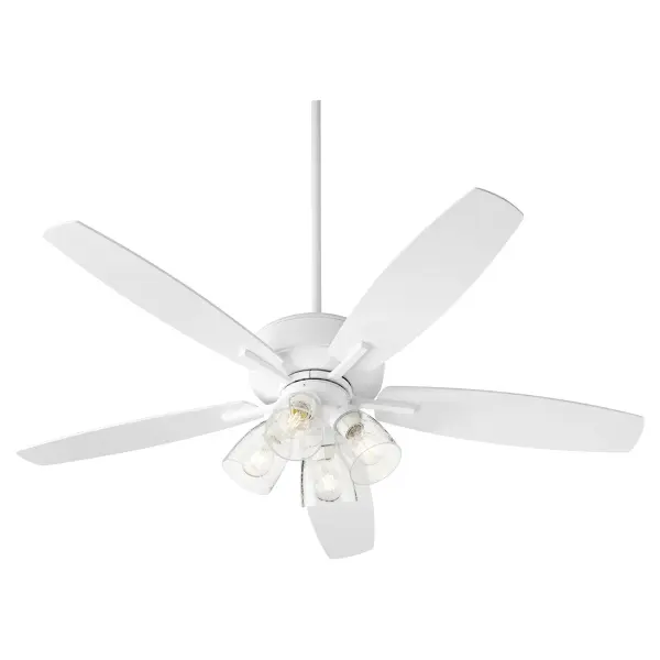 This five-blade ceiling fan delivers both form and function with its refined Studio White finish and four integrated lights. Clear seeded glass shades add visual interest while 12-degree blade pitch ensures optimal airflow for medium to large spaces. - alternate view